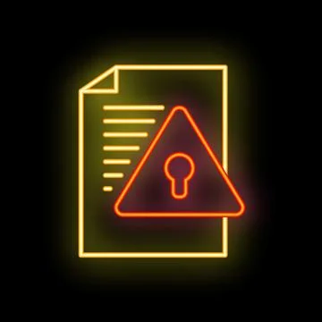 Neon icon of document with keyhole warning sign representing data encryption Illustrazione stock