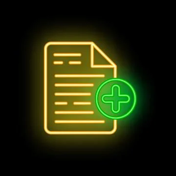 Neon icon of document with plus sign for adding content Stock Illustration