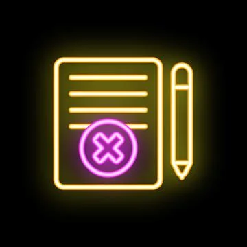 Neon icon of document with rejected mark and pencil representing cancellation Stock Illustration