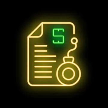 Neon icon of document with stamp and letter s representing secure, safe and.. Illustrazione stock