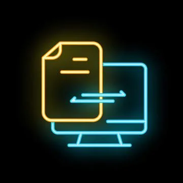 Neon icon of document transferring to desktop computer Stock Illustration