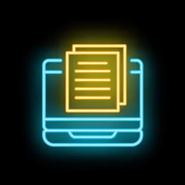 Neon icon of documents appearing from laptop screen displaying online educa.. Stock Illustration