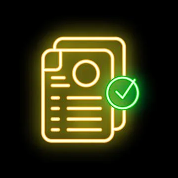 Neon icon of documents being approved with green check mark Stockillustratie