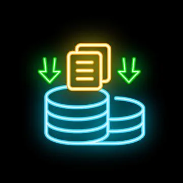 Neon icon of documents being downloaded to database servers Stock Illustration