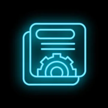 Neon icon of documents being processed with gear representing work in progres Stock Illustration