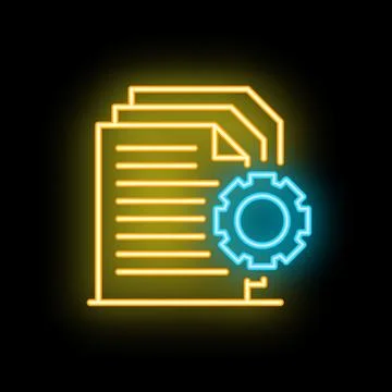 Neon icon of documents being processed with gear representing workflow 스톡 일러스트