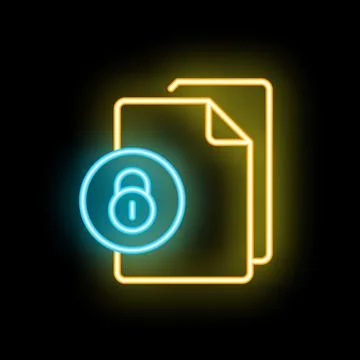 Neon icon of documents being secured with lock symbol Illustrazione stock