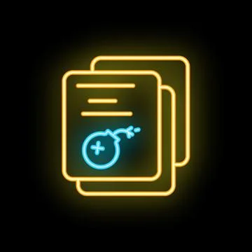 Neon icon of documents with bomb for terrorism news report Stock Illustration