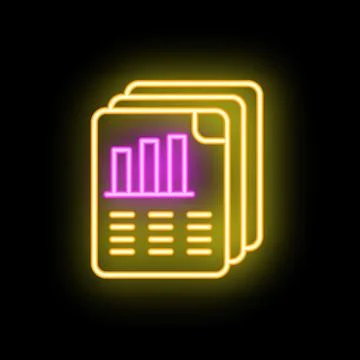 Neon icon of documents with charts representing business reports Stock Illustration