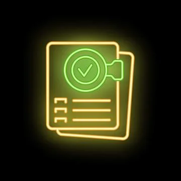 Neon icon of documents with check mark symbolizing verification Stock Illustration