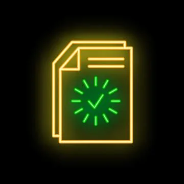 Neon icon of documents with check mark representing successful validation p.. 库存插图