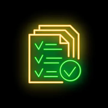 Neon icon of documents with check marks representing completed tasks Stock Illustration