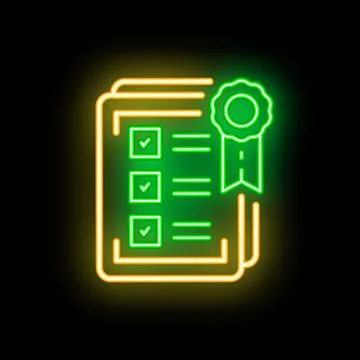 Neon icon of documents with check marks and green seal representing success.. 스톡 일러스트