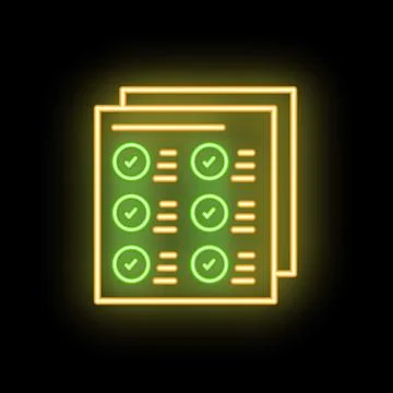 Neon icon of documents with check marks representing completed tasks Stock Illustration