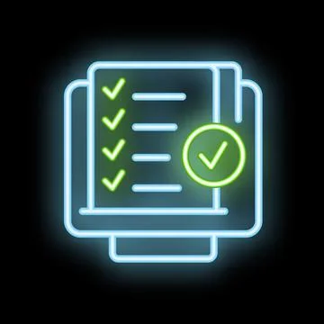 Neon icon of documents with check marks representing completed tasks Stock Illustration