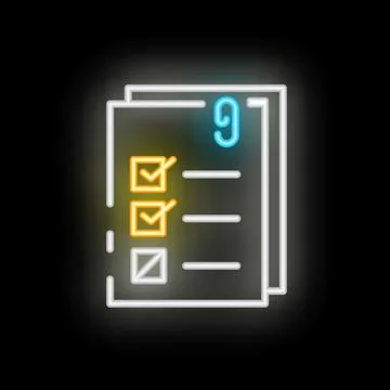Neon icon of documents with check marks representing completed tasks Stock Illustration