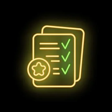 Neon icon of documents with check marks representing task management Stock Illustration
