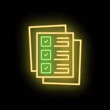 Neon icon of documents with check marks representing successfully completed.. Stock Illustration