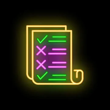 Neon icon of documents with check marks representing completed tasks Illustrazione stock