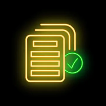 Neon icon of documents with checkmark on black background 스톡 일러스트