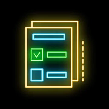 Neon icon of documents with checkmark representing successful completion 스톡 일러스트