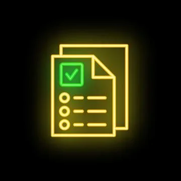Neon icon of documents with checkmark representing completed task Illustrazione stock