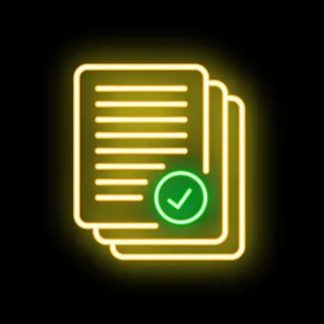 Neon icon of documents with checkmark showing validation Stockillustratie