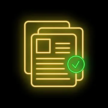 Neon icon of documents with checkmark symbolizing successful verification Illustrazione stock