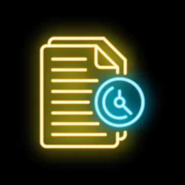 Neon icon of documents with clock showing time limit for finishing work Stock Illustration