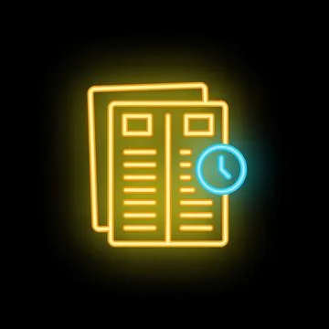 Neon icon of documents with clock showing time limit for reading Stock Illustration