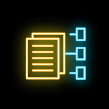 Neon icon of documents connecting to a server database sharing information Illustrazione stock