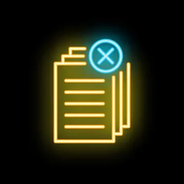 Neon icon of documents with cross sign representing rejected application Stockillustratie