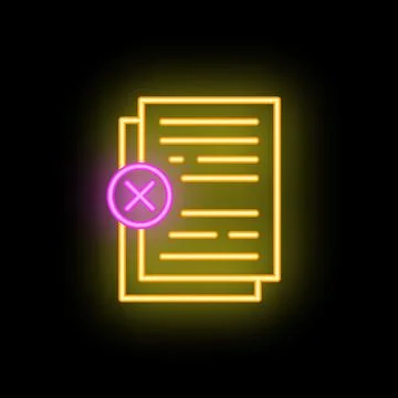 Neon icon of documents with delete sign on black background Stock Illustration