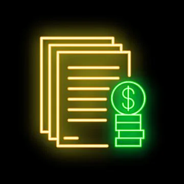 Neon icon of documents with dollar coins representing financial reports Stockillustratie