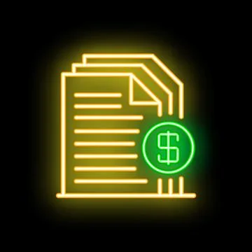 Neon icon of documents with dollar sign representing financial report Illustrazione stock