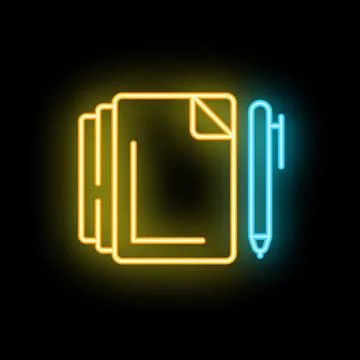 Neon icon of documents with folded corner and pen representing writing イラスト素材