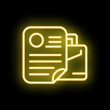 Neon icon of documents with folder glowing yellow on black background Stock Illustration