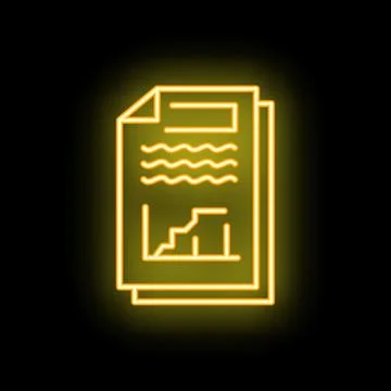 Neon icon of documents with graphs and charts glowing on black background Stock Illustration