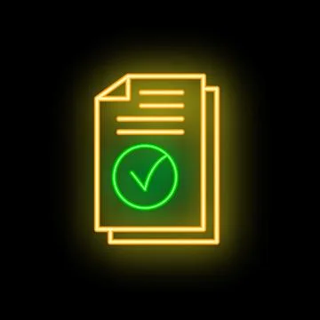 Neon icon of documents with green check mark symbolizing verification Stock Illustration