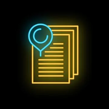 Neon icon of documents with location pin representing online document manag.. Stock Illustration
