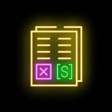 Neon icon of documents with paragraphs and checkboxes representing proofrea.. Illustrazione stock