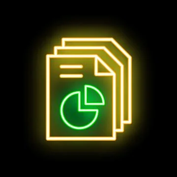Neon icon of documents with pie chart glowing on black background イラスト素材