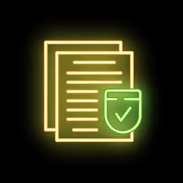 Neon icon of documents with shield and check mark showing data security Stock Illustration