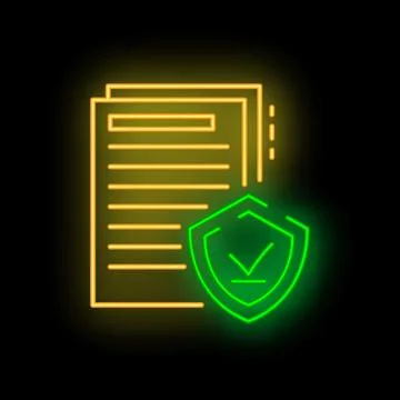 Neon icon of documents with shield representing data protection Stock Illustration