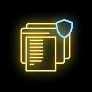 Neon icon of documents with shield representing data protection Stock Illustration