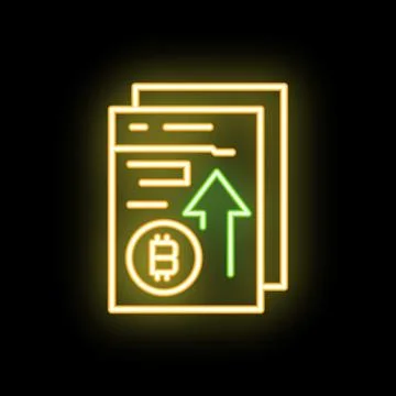 Neon icon of documents showing bitcoin growth Stock Illustration