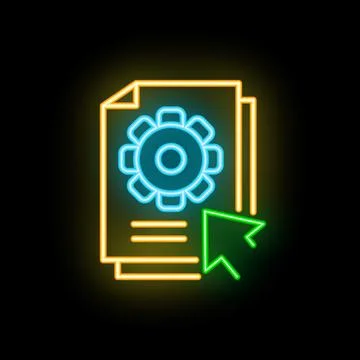 Neon icon of documents for software development showing a gear and a mouse .. Illustrazione stock