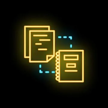 Neon icon of documents transferring to a notebook representing data synchro.. 库存插图