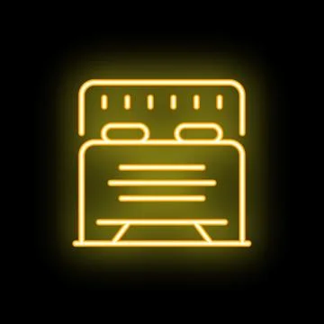 Neon icon of double bed glowing yellow on black background Ilustração Stock
