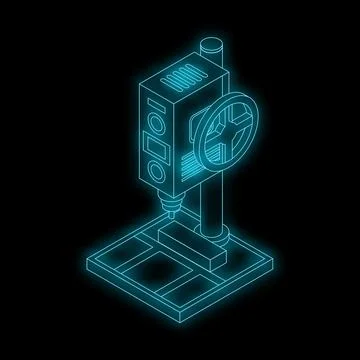 Neon icon of drilling machine operating on metal block Stock Illustration